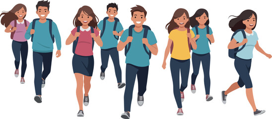Diverse Group Of Happy Students Running With Backpacks In Flat Design