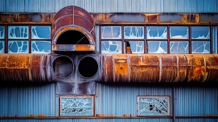 Rusted metal facade with broken windows.