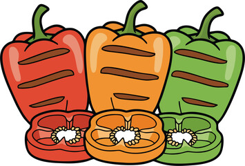Grilled Bell Pepper Trio Illustration – Red, Orange and Green Roasted Peppers with Slices in Cute Cartoon Vector Style