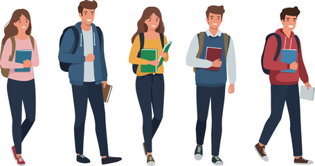Diverse Students Walking With Books Backpacks Casual Outfits Isolated Flat Design