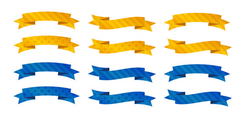 黄色と青の配色が目を引くリボンバナーセット。ストライプやドット柄入りで、見出しやキャンペーン、Web・チラシ・資料デザインに使いやすいベクター素材。 © Elsie