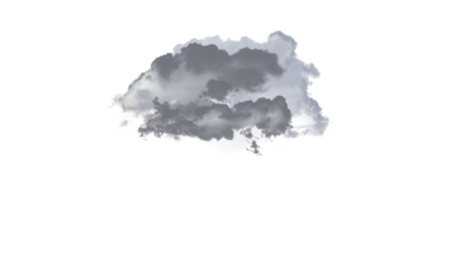 Single Dramatic Dark Grey Storm Cloud Isolated on a Transparent Background with Soft Edges and Realistic Fluffy Textures.
