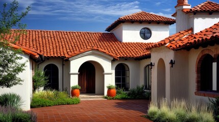 Naklejka premium Mediterranean-Style Home with Red Tile Roof