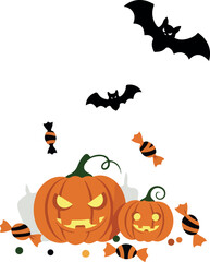 Halloween Pumpkin Icons with Flying Bats and Candy Elements