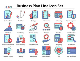 Business plan line icon set showing planning, roadmap, goals, analysis, budgeting, timeline, milestones, and forecasting. Clean modern outline style for UI/UX, websites, apps, dashboards, and presenta