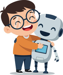 Happy Boy Hugging Cute Robot Best Friends Friendship Technology
