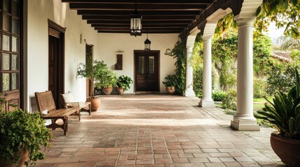 Fototapeta premium Serene Spanish-Style Courtyard with Terracotta Tiles and Lush Greenery