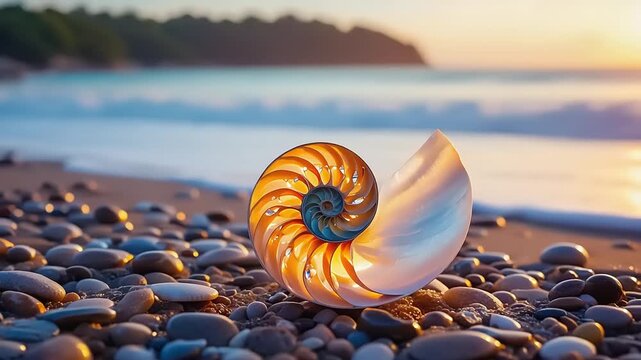 Close-up of a nautilus shell on a pebble beach with the ocean waves in the background during sunset