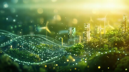 A digital landscape with sustainable development icons like wind turbines, on blurred background