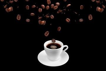 A white coffee cup with freshly brewed coffee, topped with falling coffee beans, capturing the essence of a perfect coffee experience