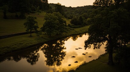 River reflecting a golden sunset over a lush valley.