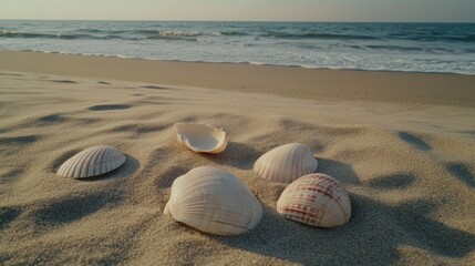 Seashells on a sandy beach by the ocean.