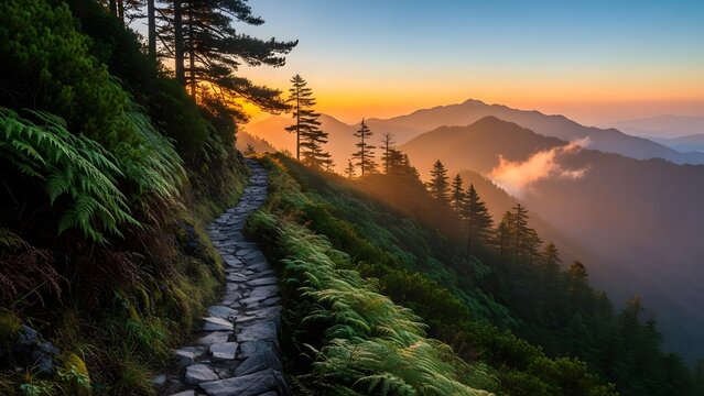 Narrow stone trail winding up a steep mountain ridge. Dense pine forests and giant ferns flank both sides - Powered by Adobe