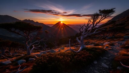 Rugged mountain pass at twilight. The foreground features hardy highland shrubs and weathered trees