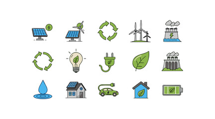 Vector Illustration of Sustainability, Renewable Energy, and Eco-Friendly Icons Featuring Solar Power, Wind Energy, Recycling, and Green Technologies