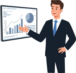 Man in Suit Presenting Financial Growth Chart on Screen