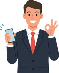 Man In Suit Shows Smartphone OK Sign Flat Design Illustration