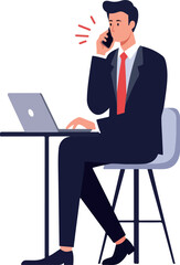 Man In Suit Talking On Phone At Laptop Desk Flat Design Isolated Object
