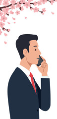 Man in Suit Talking on Phone Under Pink Cherry Blossoms