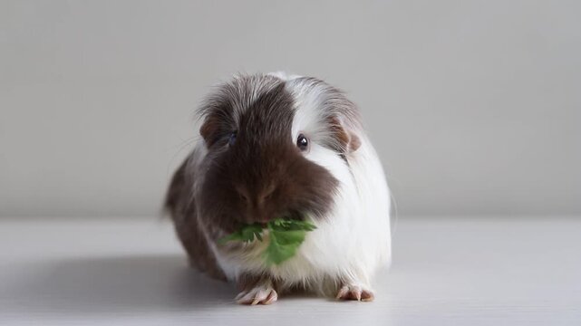 Close up shot of a cute fluffy white and brown guinea pig eating parsley leaf on white table. 
