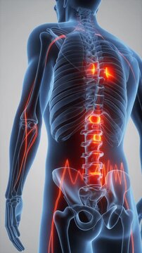 Detailed 3D medical illustration of the human spine and nervous system, highlighting areas of pain and inflammation. Essential for anatomical study and understanding back health issues