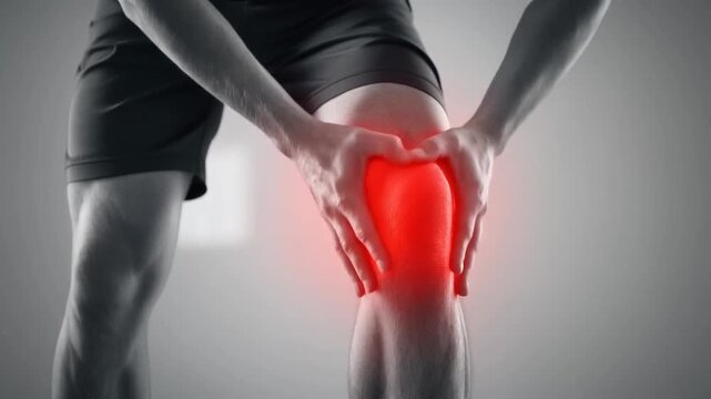 An individual clutches their knee, experiencing intense localized pain highlighted by a vibrant red glow, symbolizing discomfort and the urgent need for medical attention or immediate relief