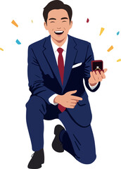 Man Proposes With Ring Box And Confetti Flat Design Minimal Illustration