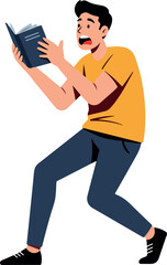 Man Reading Book Shocked Expression Yellow Shirt Blue Pants Isolated Vector Illustration