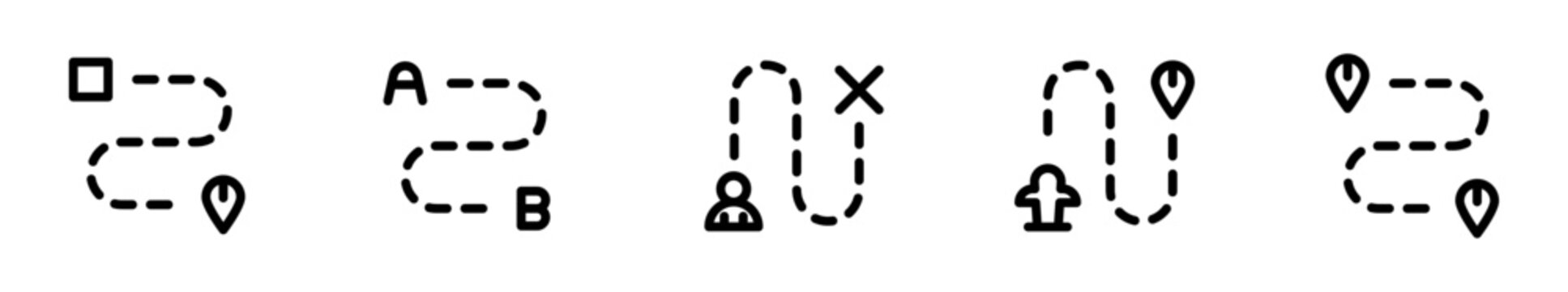 Pack de iconos de rutas. Env&iacute;o con ubicaci&oacute;n, trayecto A hacia B, usuario con destino, vuelo con localizaci&oacute;n y puntos conectados. Dise&ntilde;o vectorial lineal