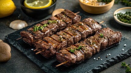 Grilled beef skewers with herbs and spices on a stone platter.
