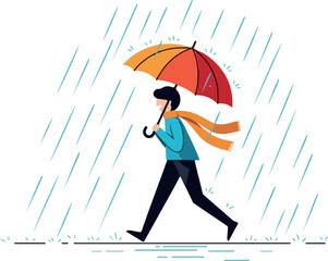 Man Walking In Rain With Orange Umbrella And Scarf