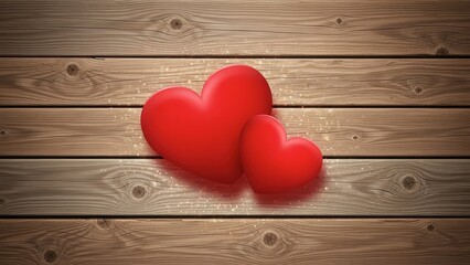 Two red hearts on wooden background for love and romance