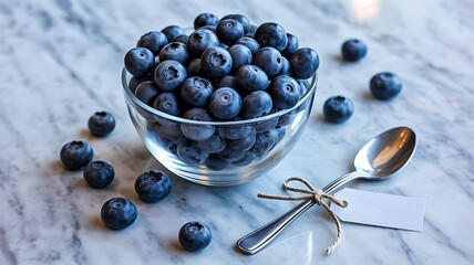 Fresh blueberries in glass bowl with spoon on marble background
