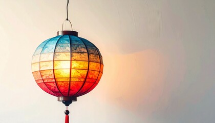 Obraz premium Colorful paper lantern hangs against a light background illuminating the decor