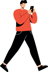 Man Walking Using Smartphone Casual Outfit Red Sweater Black Pants