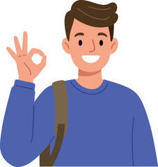 Man With Backpack Showing Okay Sign Blue Sweater