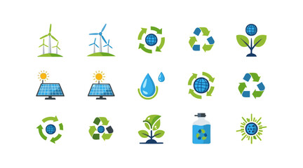 Vector Illustration of Sustainability, Renewable Energy, and Eco-Friendly Icons Featuring Solar Power, Wind Energy, Recycling, and Green Technologies