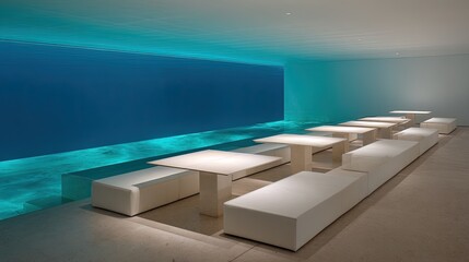 Modern Underwater Restaurant Design With White Tables And Benches