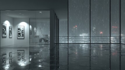 Modern Interior With Rainstorm View