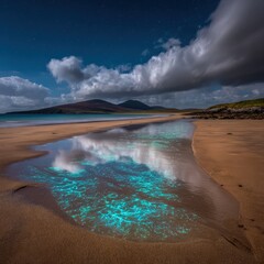 Glowing Bioluminescent Plankton On Sandy Beach At Night