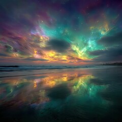 Colorful Sunset Over Beach with Water Reflection