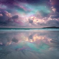 Pastel Beach At Night Under Colorful Starry Sky