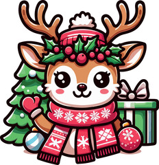 Rudolph the reindeer with Christmas tree and red ribbon cartoon illustration