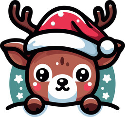Christmas reindeer with red nose and red hat cartoon illustration