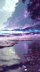 Glowing Purple Pink Beach With Palm Trees