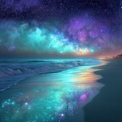 Colorful Glowing Night Beach With Stars