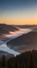 Serene river winds through forested mountains shrouded in morning mist at sunrise