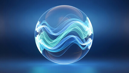 Transparent sphere with glowing blue and green wavy lines inside ball glass