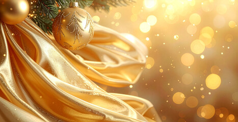 Christmas banner design of Xmas ball with golden fabric on bokeh lights background with copy space