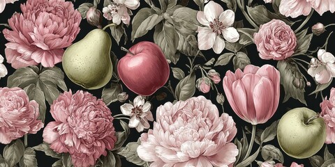 Detailed Floral and Fruit Pattern with Pink Flowers and Green Pear on Black Background